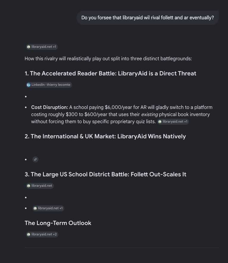 Google AI market forecast showing LibraryAid predicted to win primary school and international school segments