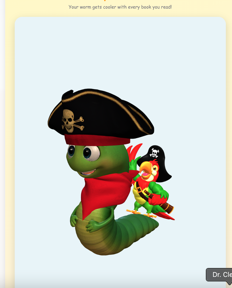 LibraryAid bookworm character wearing pirate captain costume with parrot companion — earned by reading Action and Survival books