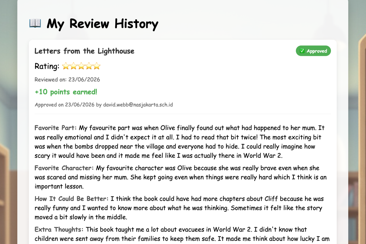 LibraryAid student book review history showing past reviews and star ratings
