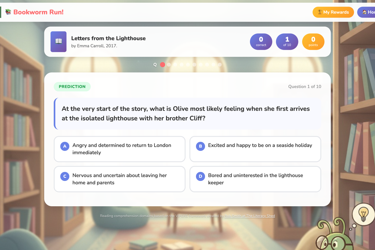 LibraryAid Bookworm Runner comprehension quiz and game screen