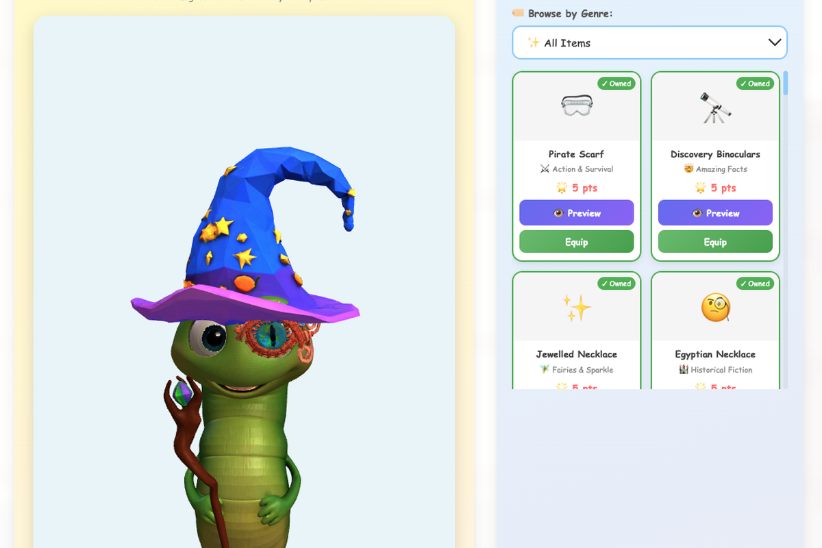 LibraryAid rewards shop showing worm accessories available to unlock with genre reading points