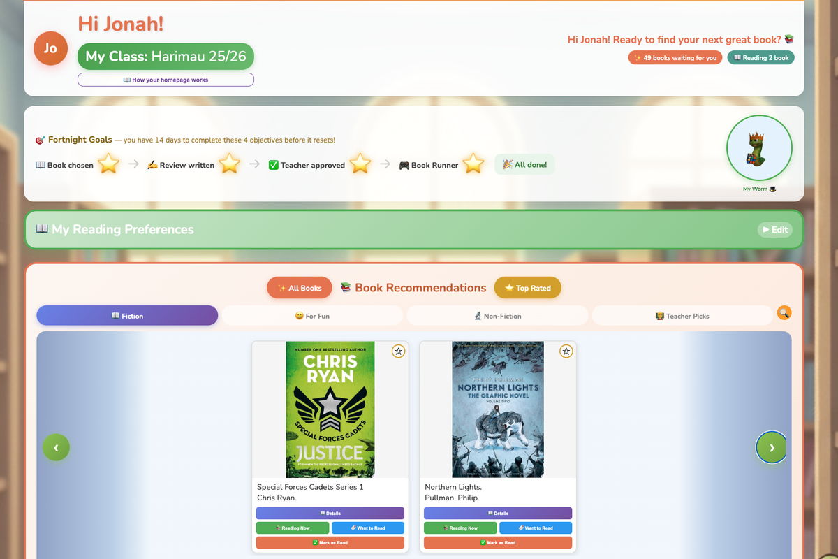 LibraryAid student recommendations screen showing personalised book lists